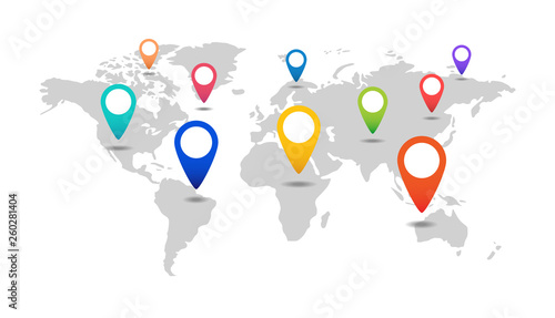 World map with markers. World map with pointer labels of continents and countries.