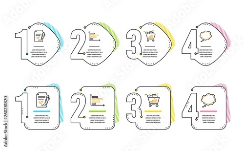 Approved agreement, Horizontal chart and Seo shopping icons simple set. Comic message sign. Signature document, Presentation graph, Analytics. Speech bubble. Technology set. Infographic timeline