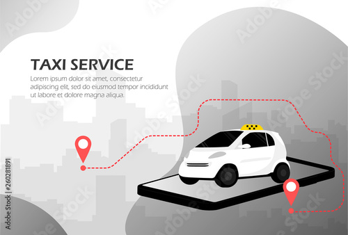 Taxi service. Mobile phone with taxi application. Call a taxi. Isometric.