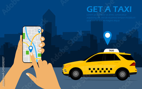 Get a taxi, mobile phone with map in hand and city in the background with taxi, taxi service concept, call a taxi.