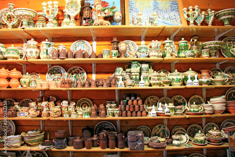 Products of ceramics on sale in shop. Handicraft of making pottery