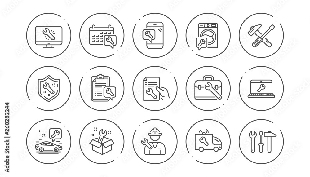 Repair line icons. Hammer, Screwdriver and Spanner tool. Washing machine repair linear icon set. Line buttons with icon. Editable stroke. Vector Repair line icons. Hammer, Screwdriver and Spanner tool. Washing machine repair linear icon set. Line buttons with icon. Editable stroke. Vector