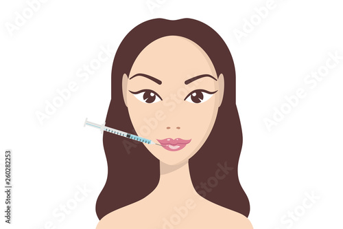 Hyaluronic acid facial injection, vector infographics design template. Beauty, cosmetology, anti-aging concept. Beauty shots. Female rejuvenating mesotherapy injection. Lip augmentation