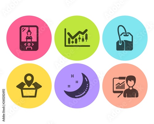 Crane claw machine, Moon stars and Package location icons simple set. Financial diagram, Tea bag and Presentation signs. Attraction park, Night. Flat crane claw machine icon. Circle button. Vector