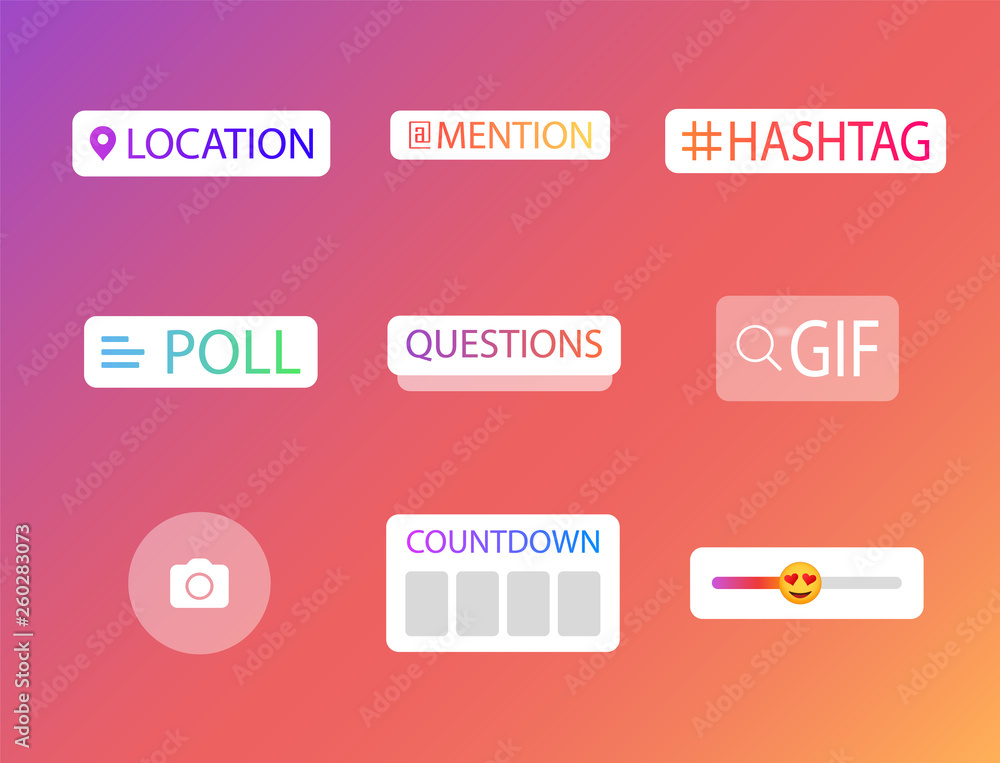 Social media icons stories. Icons of the history of social networks. Questions, polls, locations, hashtags, countdown time in social networks. Social media icons stories. Icons of the history of social networks. Questions, polls, locations, hashtags, countdown time in social networks.