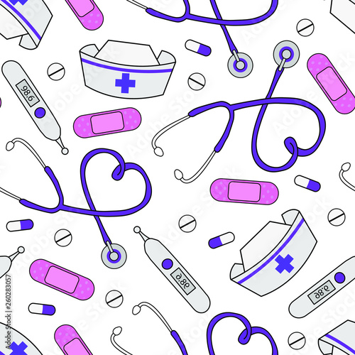 Hand drawn  nurse hospital elements vector illustration seamless pattern background