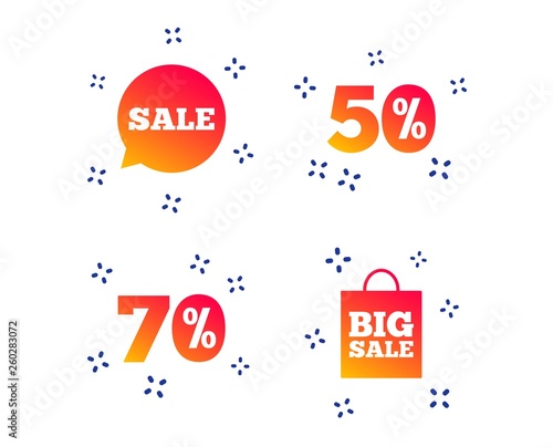 Sale speech bubble icon. 50% and 70% percent discount symbols. Big sale shopping bag sign. Random dynamic shapes. Gradient shopping icon. Vector