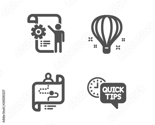 Set of Settings blueprint, Air balloon and Journey path icons. Quick tips sign. Engineering cogwheel, Sky travelling, Project process. Helpful tricks.  Classic design settings blueprint icon. Vector