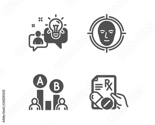 Set of Idea  Ab testing and Face detect icons. Prescription drugs sign. Solution  Test chart  Select target. Pills.  Classic design idea icon. Flat design. Vector