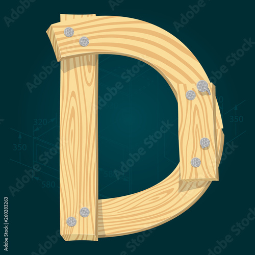 Font from wooden boards, letter D