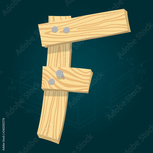 Font from wooden boards, letter F