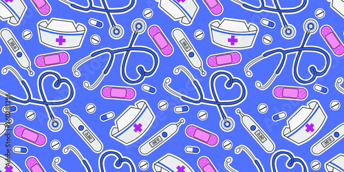 Hand drawn  nurse hospital elements vector illustration seamless pattern background