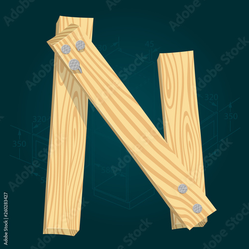 Font from wooden boards, letter N