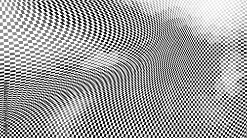 Optical illusion of curved checkered surface, 3d render computer generated background