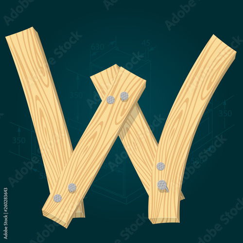 Font from wooden boards, letter W