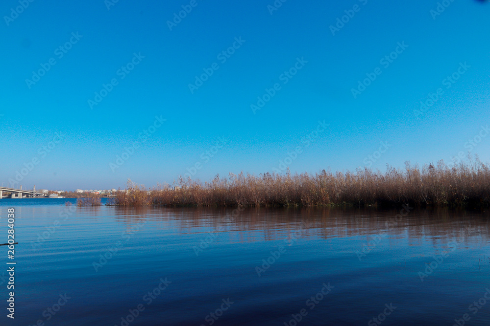 Autumn day in Arkhangelsk. View of the river Northern Dvina and river port in Arkhangelsk.