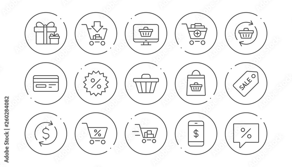 Shopping bag line icons. Gift, Present and Sale discount. Delivery linear icon set. Line buttons with icon. Editable stroke. Vector Shopping bag line icons. Gift, Present and Sale discount. Delivery linear icon set. Line buttons with icon. Editable stroke. Vector