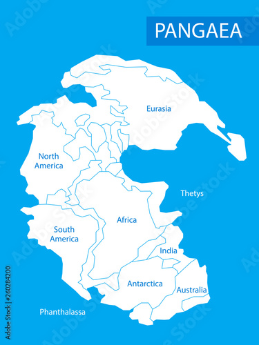 Pangaea or Pangea. Vector illustration of supercontinent that existed during the late Paleozoic and early Mesozoic eras. Map in flat style. Element for your design, print, education. Poster.