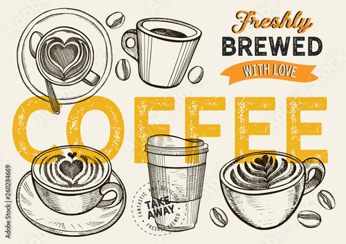 Coffee to go hand drawn illustration for restaurant.