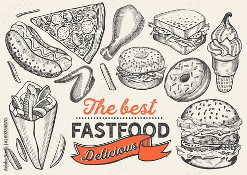 Fast food illustrations, burger, pizza, donut for restaurant.