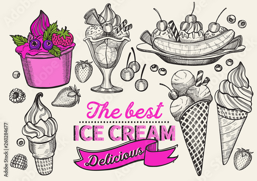 Ice cream illustration for restaurant on vintage background. 