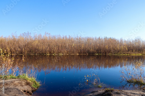 Autumn day in Arkhangelsk. Island Krasnoflotsky. the reflection in the water