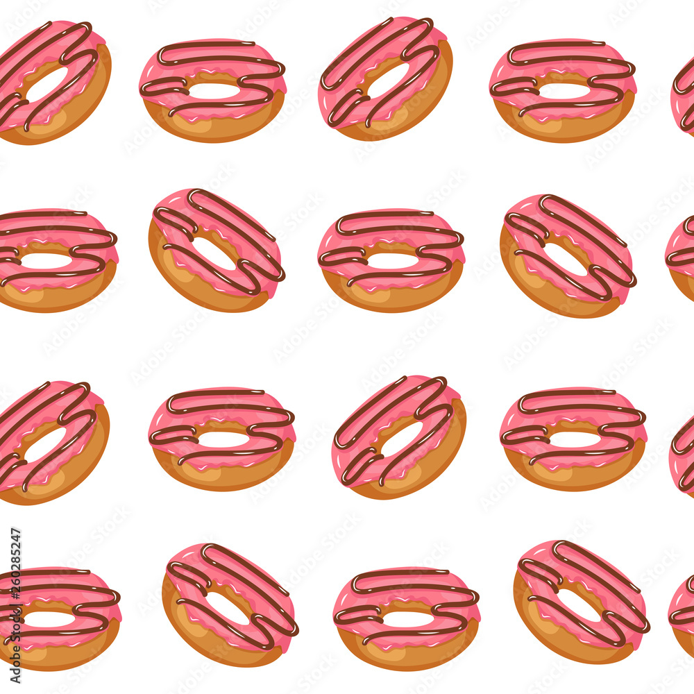 Seamless vector pattern with glazed pink donuts isolated on white. Sweet Pattern can be used for wallpaper, web page, surface textures, package. Food design