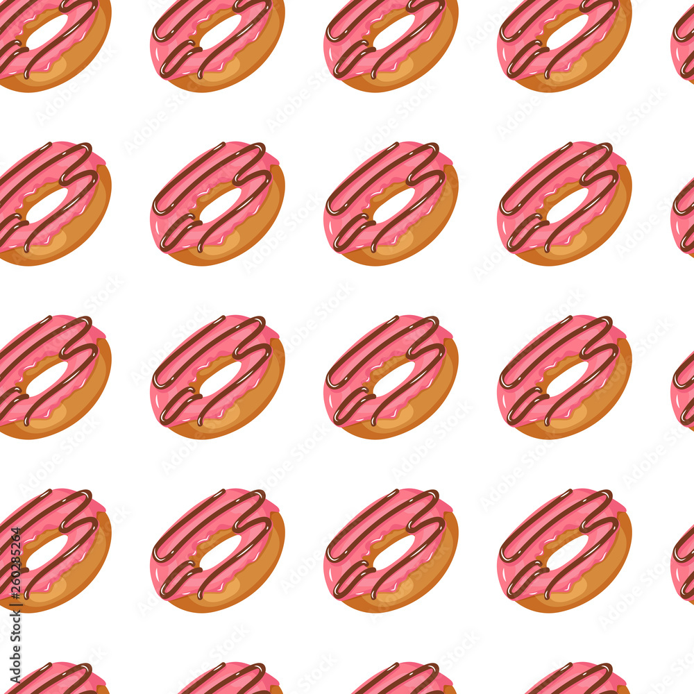 Seamless vector pattern with glazed pink donuts isolated on white. Sweet Pattern can be used for wallpaper, web page, surface textures, package. Food design Seamless vector pattern with glazed pink donuts isolated on white. Sweet Pattern can be used for wallpaper, web page, surface textures, package. Food design