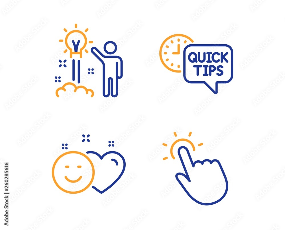 Creative idea, Smile and Quick tips icons simple set. Touchpoint sign. Startup, Social media like, Helpful tricks. Touch technology. Technology set. Linear creative idea icon. Colorful design set