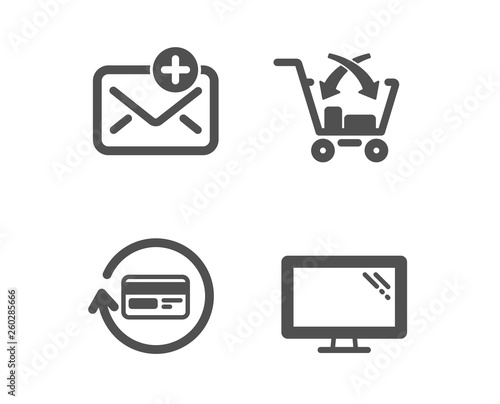 Set of Cross sell, Refund commission and New mail icons. Monitor sign. Market retail, Cashback card, Add e-mail. Computer component.  Classic design cross sell icon. Flat design. Vector