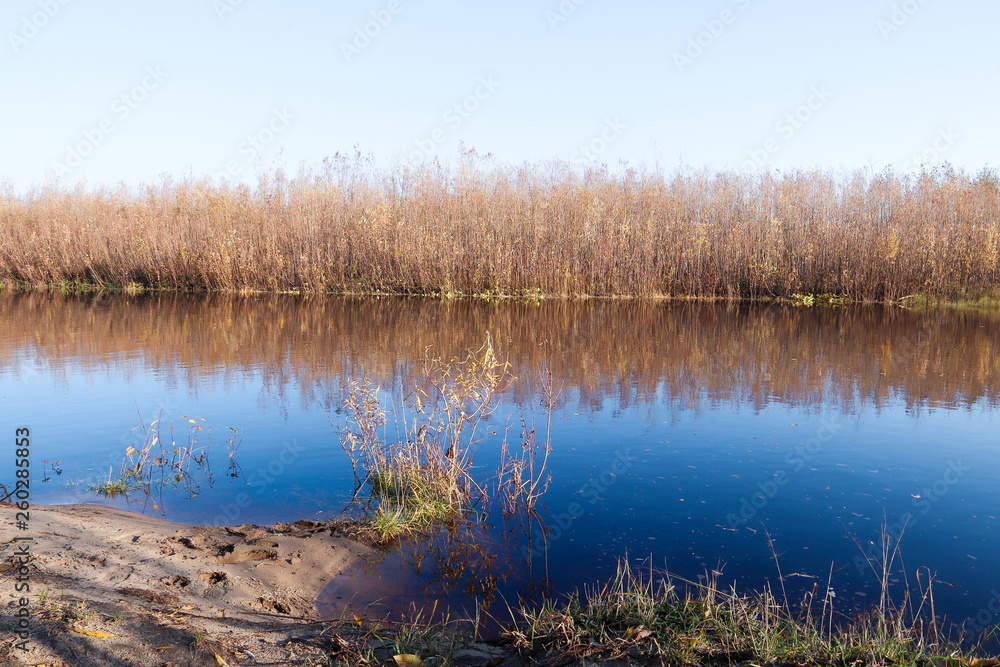 Autumn day in Arkhangelsk. Island Krasnoflotsky. the reflection in the water Autumn day in Arkhangelsk. Island Krasnoflotsky. the reflection in the water