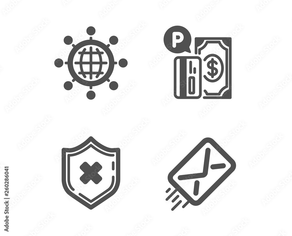 Set of International globe, Reject protection and Parking payment icons. E-mail sign. World networking, No security, Paid garage. Mail delivery. Classic design international globe icon. Flat design Set of International globe, Reject protection and Parking payment icons. E-mail sign. World networking, No security, Paid garage. Mail delivery. Classic design international globe icon. Flat design