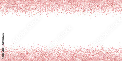 Rose gold glitter on white background, horizontal wide border. Vector
