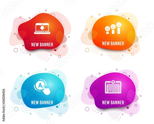 Liquid badges. Set of Ab testing, Customer satisfaction and Internet downloading icons. Parking garage sign. A test, Happy smile chart, Load data. Automatic door.  Gradient ab testing icon. Vector