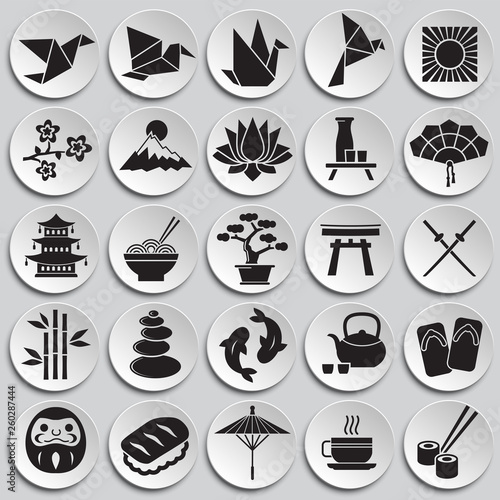 Japan related icons set on plates background for graphic and web design. Simple vector sign. Internet concept symbol for website button or mobile app.
