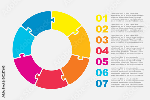 Seven pieces jigsaw puzzle circles info graphic.
