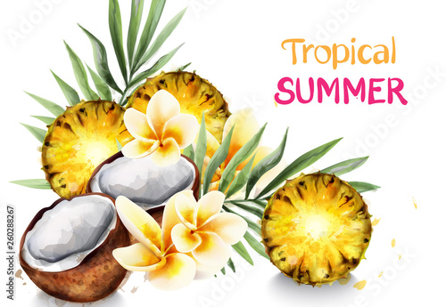 Avocado and pineapple Vector watercolor tropical banners