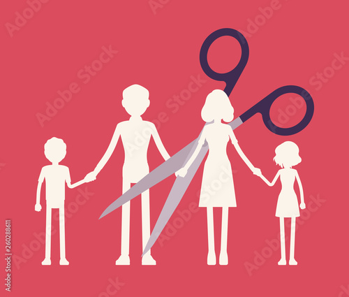 Family members paper garland chain cut. Scissors divide, separate parents and children unit, dissolution of a marriage, parental access rights after divorce or break up, split. Vector illustration