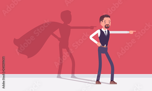Super businessman in hero pose. Successful male manager admired for courage, outstanding business achievements with shadow waving cloak, excessive pride and self-satisfaction. Vector illustration