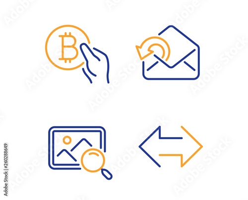 Search photo, Bitcoin pay and Send mail icons simple set. Sync sign. Find image, Cryptocurrency coin, Sent message. Synchronize. Technology set. Linear search photo icon. Colorful design set. Vector
