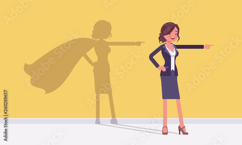 Super businesswoman in hero pose. Successful female manager admired for courage, outstanding business achievements with shadow waving cloak, excessive pride and self-satisfaction. Vector illustration
