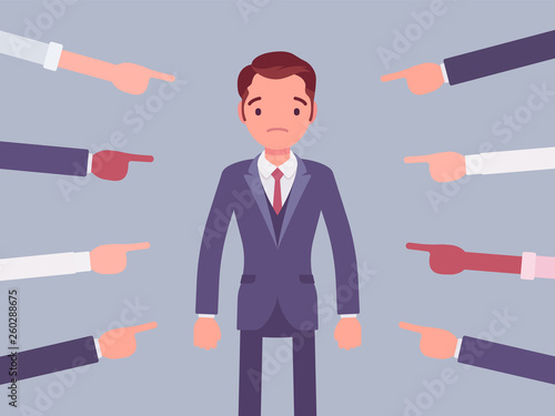 Shame on you, guilty man. Young male manager in painful feeling of humiliation or distress after wrong or foolish behaviour, loss of respect, dishonour pointed by many fingers. Vector illustration