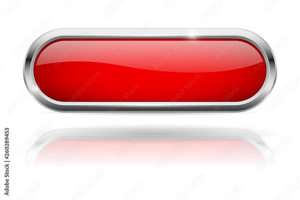 Red oval button. Glass icon with chrome frame - obrazy, fototapety, plakaty 