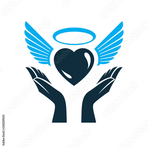 Heart vector graphic illustration, love and freedom metaphor symbol. Guardian angel vector abstract emblem.