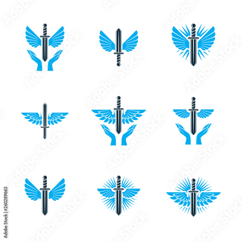 Guardian angel vector conceptual emblems collection, graphic illustrations for use in religious organizations