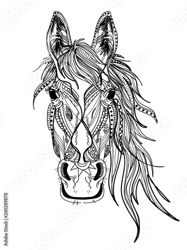 Horse's head. Drawing by hand in vintage style. Meditative coloring. coloring for children. A horse with a long mane. Arrows, points, patterns.