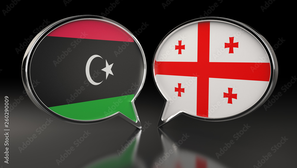 Fototapeta premium Libya and Georgia flags with Speech Bubbles. 3D Illustration