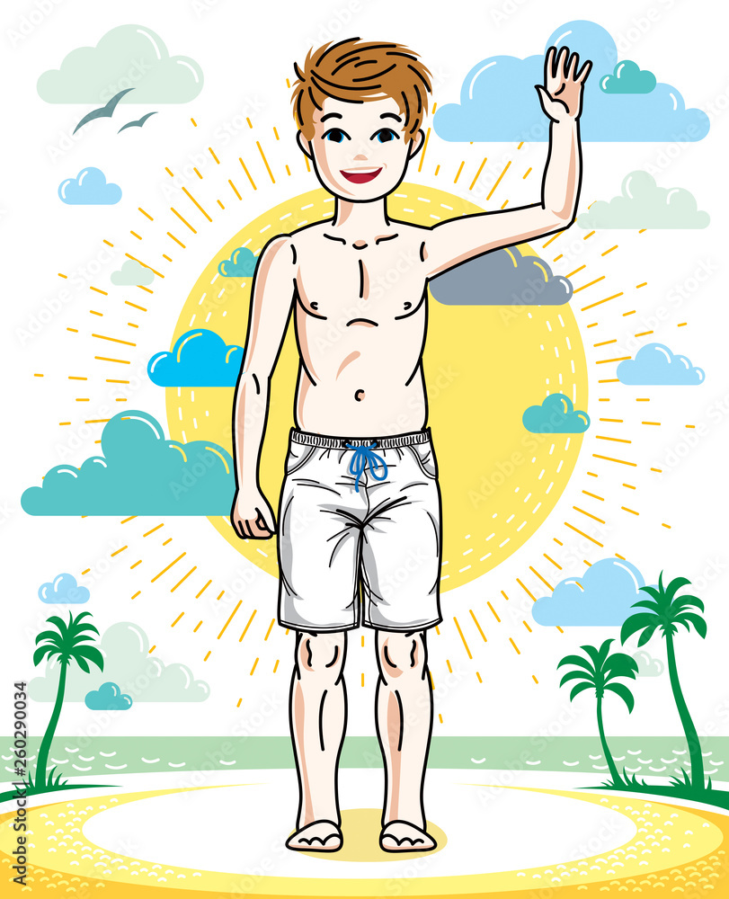 Cute little teenager boy standing wearing fashionable beach shorts. Vector beautiful human illustration. Fashion theme clipart.