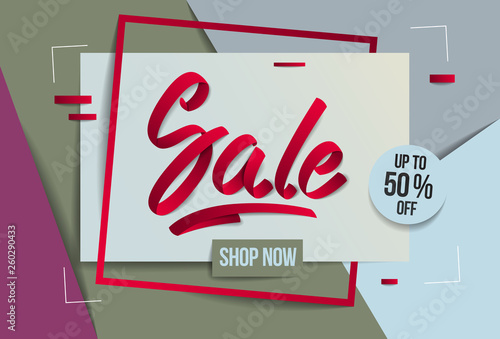Sale flyer template with lettering, poster, card, banner, advertising design, moderate colors vector modern style cartoon paper cut 3d illustration.