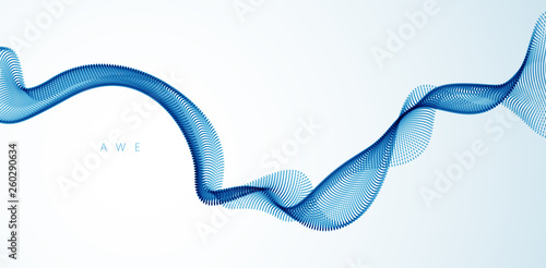 Vector abstract background with wave of flowing particles, smooth curve shape lines, particle array flow. 3d shape dots blended mesh, future technology relaxing wallpaper.
